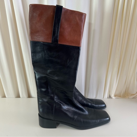 Stuart Weitzman Black Brown Two Tone Leather Riding Tall Boot Size 10 Fall Cozy - Picture 1 of 8